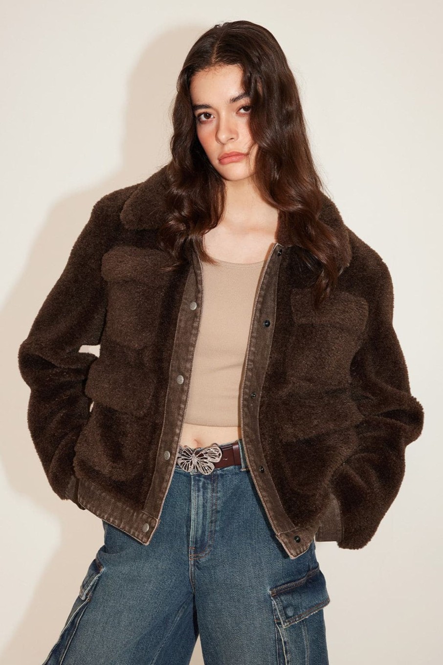 MISS SIXTY Jackets & Outerwears | Patchwork Deep Brown Vintage Jacket Warm And Eco-Friendly Fur Coat Fuscous Brown