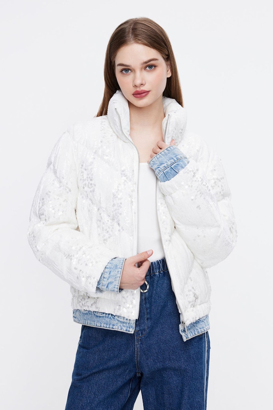 MISS SIXTY Jackets & Outerwears | Cropped Down Jacket With Sequin Embellishment White/Light Blue