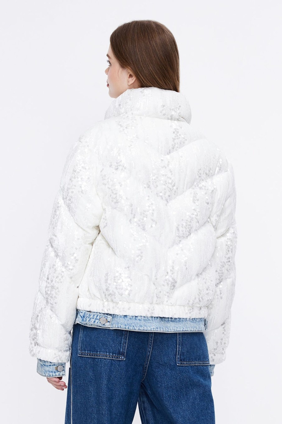 MISS SIXTY Jackets & Outerwears | Cropped Down Jacket With Sequin Embellishment White/Light Blue