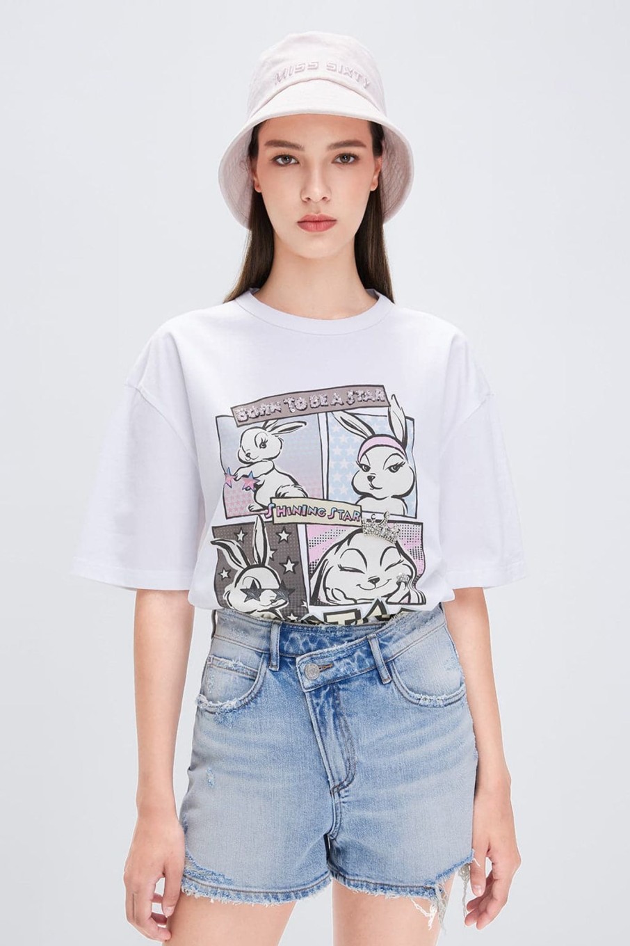 MISS SIXTY Tops | Round Neck Bunny Pattern Short Sleeves T-Shirt White