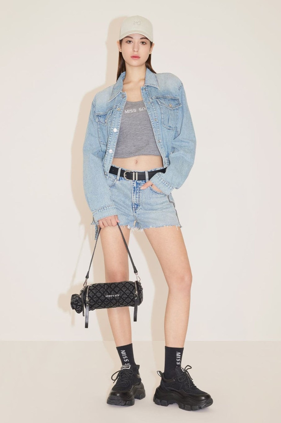 MISS SIXTY Shorts | Colour Block Woven Belt Patchwork Denim Shorts Light Blue