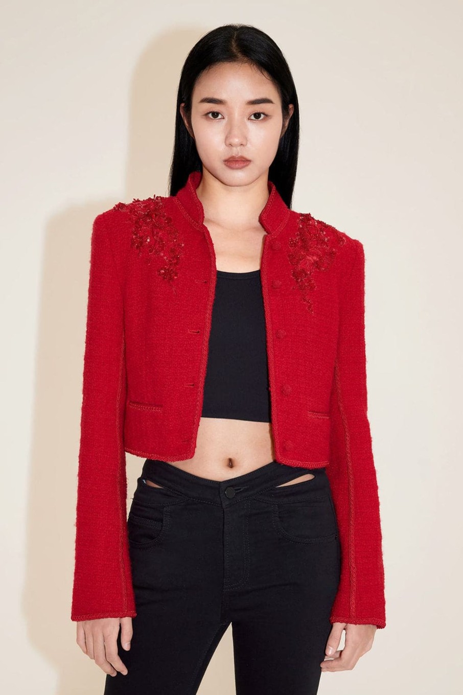 MISS SIXTY Jackets & Outerwears | Red Embroidered Woolen Tweed Jacket Bright Red