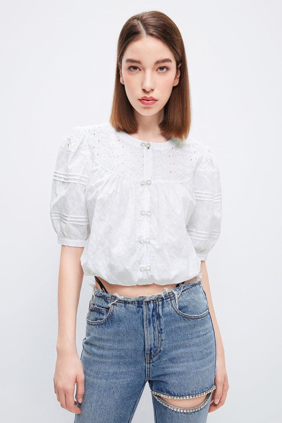 MISS SIXTY Tops | Short-Sleeves Shirt With Beaded Bow Bright White