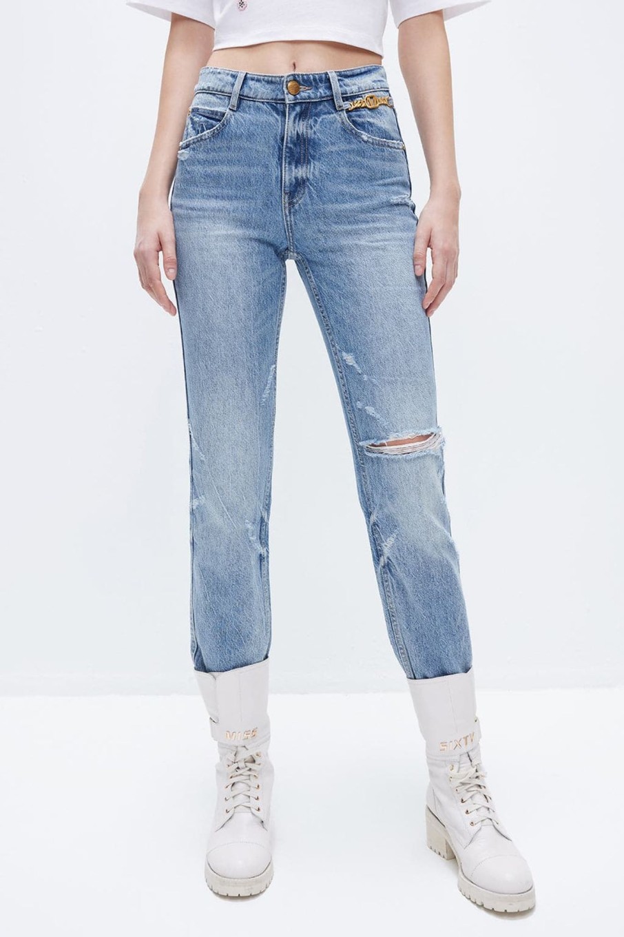 MISS SIXTY Straight | Vintage Metal Chain Ripped Hemp Blend Jeans Light Blue