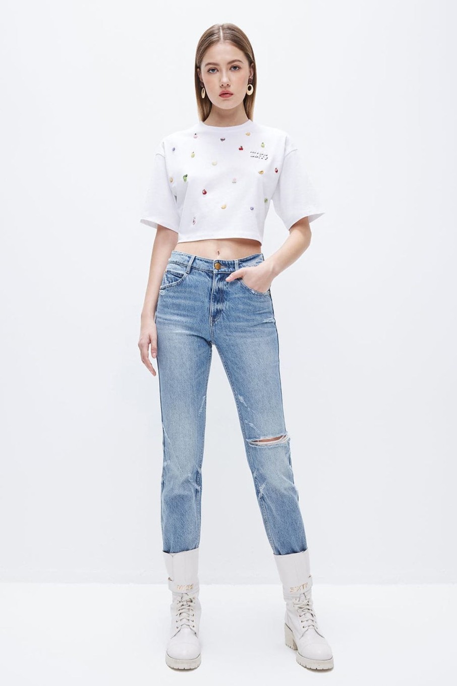 MISS SIXTY Straight | Vintage Metal Chain Ripped Hemp Blend Jeans Light Blue