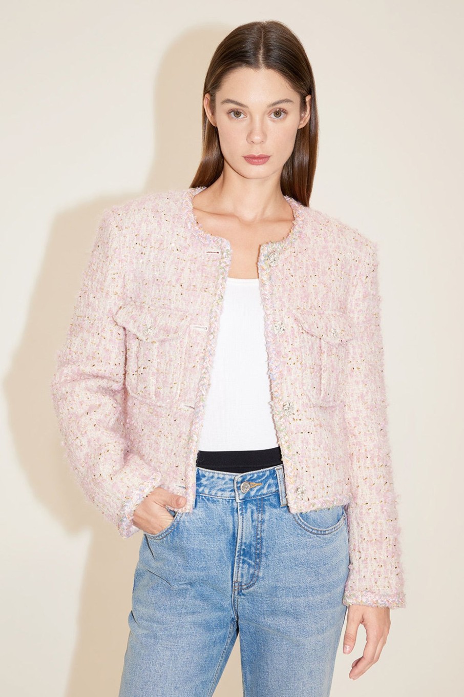 MISS SIXTY Jackets & Outerwears | Round Neck Light Pink Elegant Boucle Coat Baby Pink