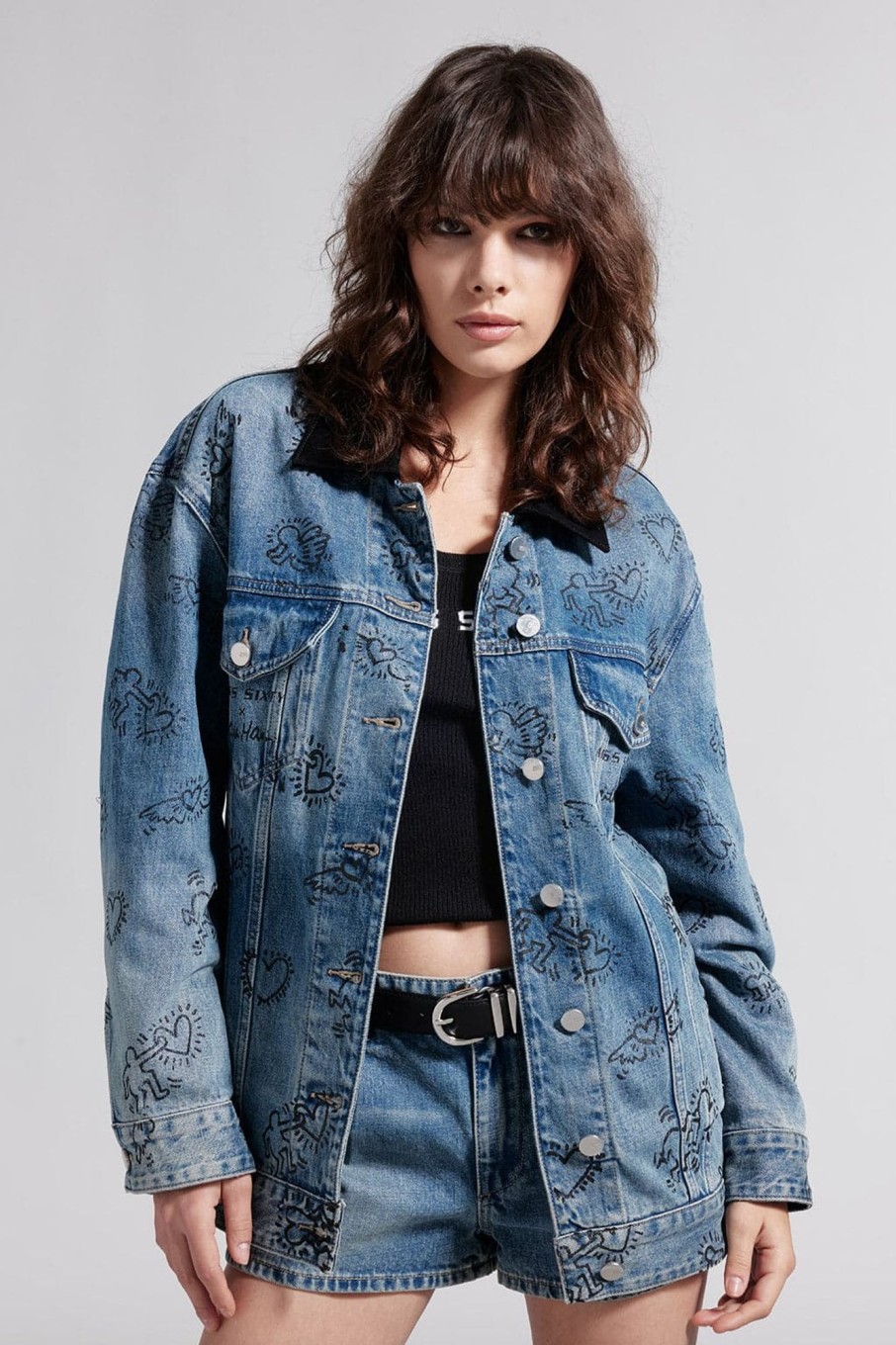 MISS SIXTY Spring-Summer | Miss Sixty X Keith Haring Capsule Collection Contrast Color Lapel Denim Jacket Middle Blue