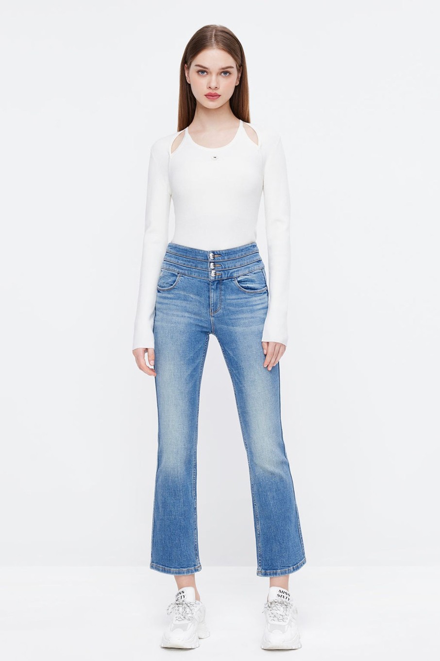 MISS SIXTY Flare | Three Ring High Waist Slim Fit White Flared Jeans Middle Blue