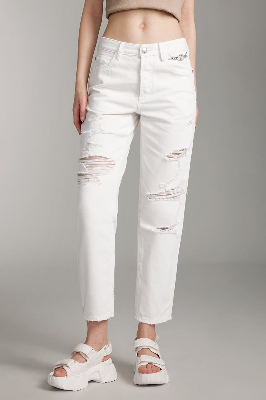 MISS SIXTY Straight | Ripped Straight Trouser With Crystal Chain White