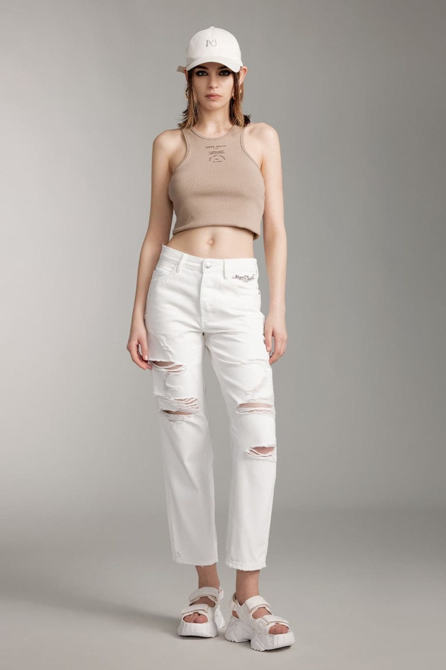 MISS SIXTY Straight | Ripped Straight Trouser With Crystal Chain White