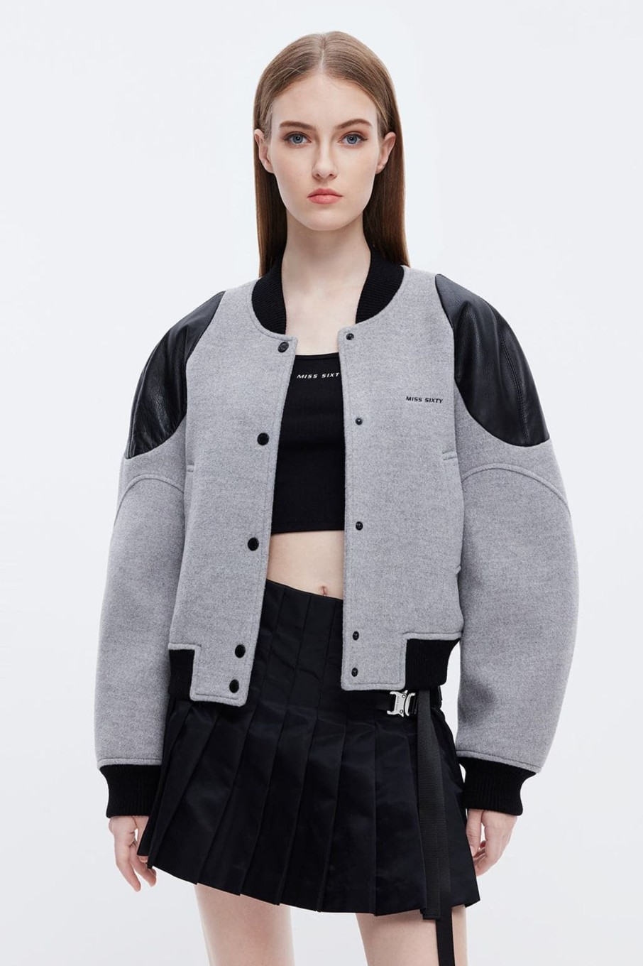 MISS SIXTY Jackets & Outerwears | Vintage Sporty Style Patchwork Baseball Jacket Light Grey