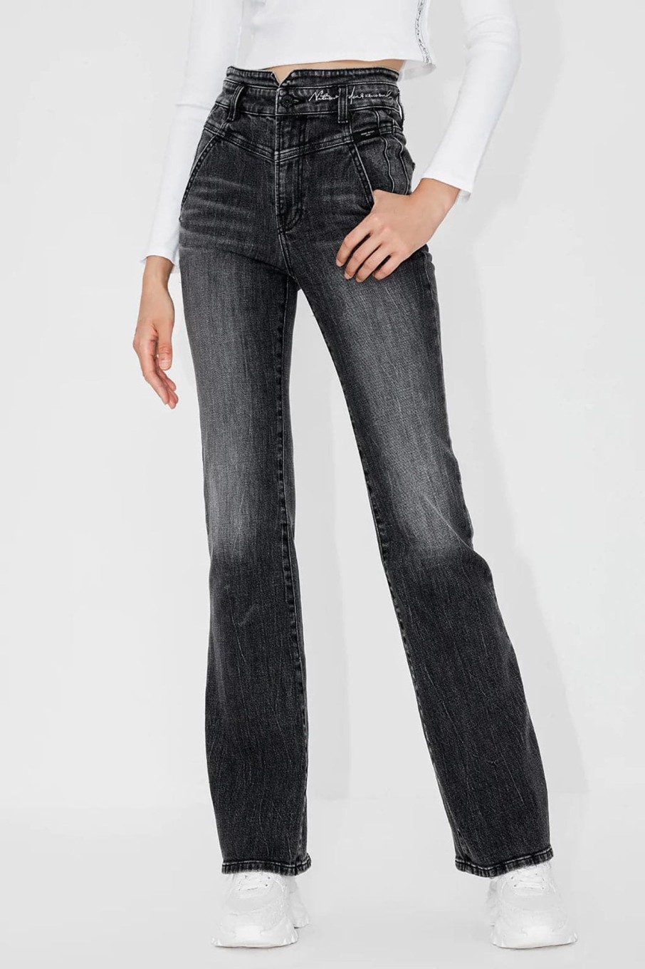 MISS SIXTY Flare | V Shape Waist Embroidered Slight Flared Jeans Black Fog